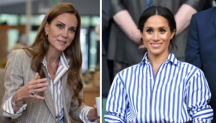 Kate Middleton at Colchester Hospital, Meghan Markle at 2018 Wimbledon. P.C. Getty