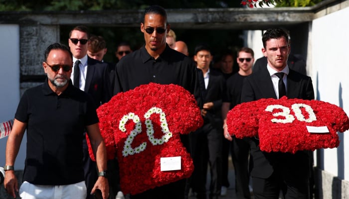 Liverpool players gather to bid last farewell to former teammate Diogo Jota and his brother