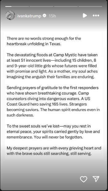 Ivanka Trump pens heartfelt message for Texas devastating flood victims
