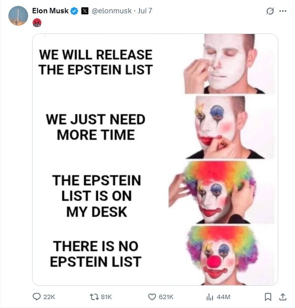 Elon Musk slams FBIs Epstein investigation conclusion, shares mocking meme