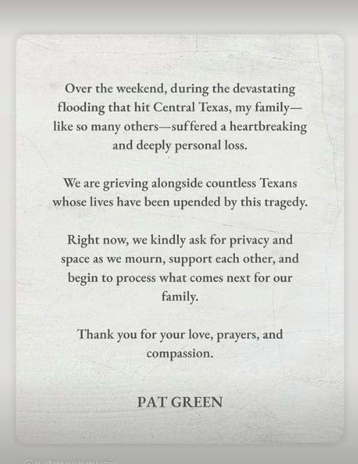 Country singer Pat Greens family suffers ‘heartbreaking loss’ after flood