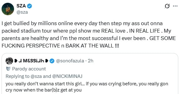 SZA claps back at Nicki Minajs fan comment