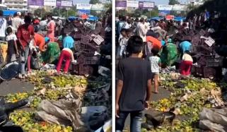 بھارت میں آموں سے بھرا ٹرک الٹ گیا، شہری ٹوٹ پڑے