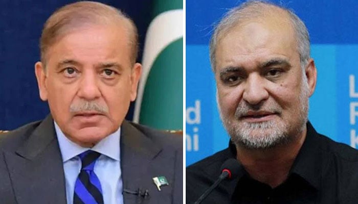 امیرِ جماعتِ اسلامی حافظ نعیم الرحمٰن اور وزیرِاعظم شہباز شریف—فائل فوٹوز