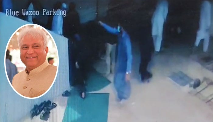 —سینئر وکیل پر مسجد میں فائرنگ کا منظر، چھوٹی تصویر مقتل خواجہ شمس الاسلام کی ہے—ویڈیو گریب/فائل فوٹو