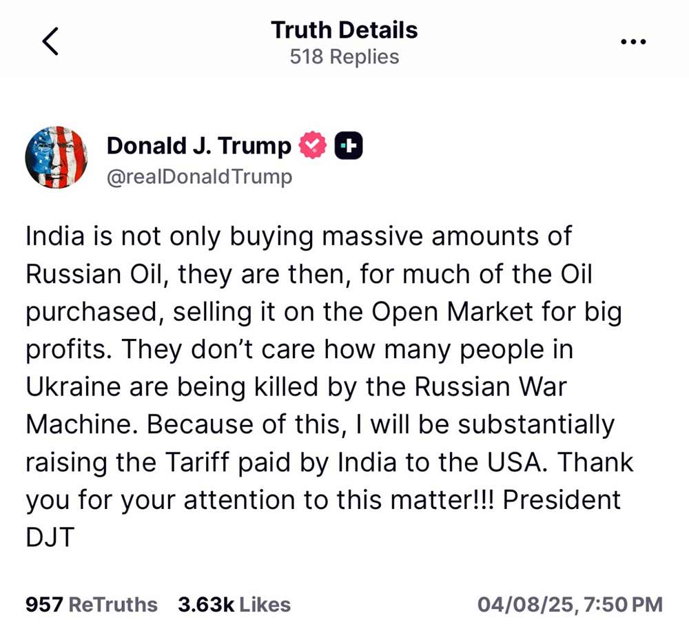 ٹرمپ نے بھارت پر مزید ٹیرف لگانے کی دھمکی دے دی