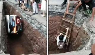 چین میں روبو ٹیکسی تعمیراتی گڑھے میں جا گری