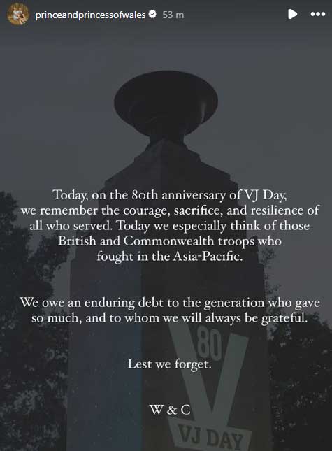 Prince William, Kate Middleton remember British troops sacrifice on 80th VJ Day