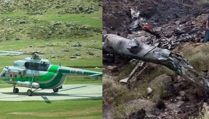 دائیں تصویر میں حادثے کے شکار ہیلی کاپٹر کا ملبہ جائے حادثہ پر بکھرا ہو ہے—فائل فوٹو