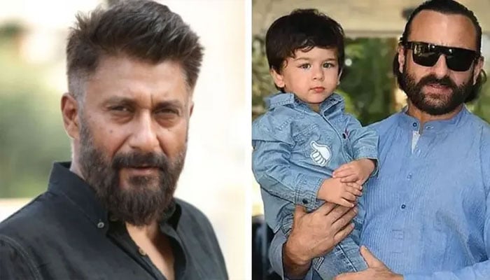 سیف علی خان اپنے بیٹے تیمور کے ساتھ، بائیں تصویر میں وویک اگنی ہوتری—فائل فوٹوز