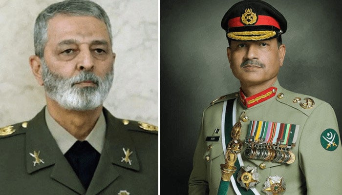 فیلڈ مارشل سید عاصم منیر اور ایرانی چیف آف جنرل اسٹاف جنرل عبدالرحیم موسوی—فائل فوٹوز