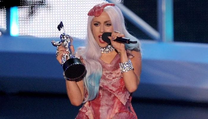Lady Gaga in a meat dress protesting homophobia in military
