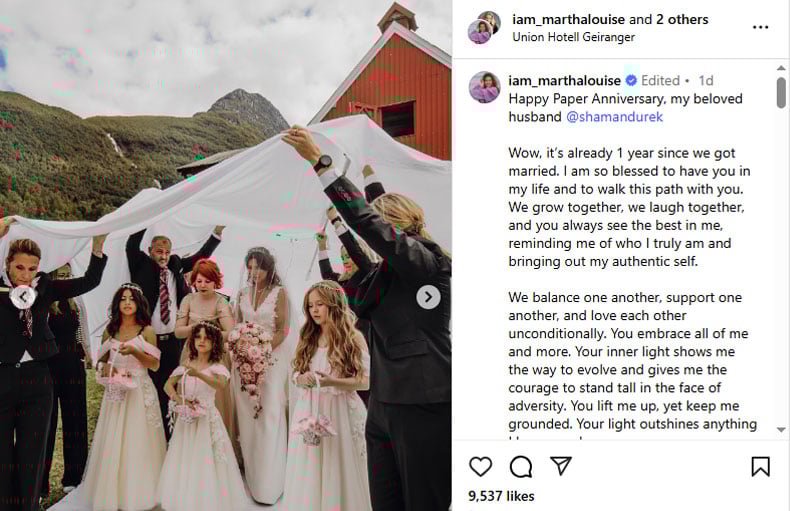 Princess Märtha Louise gushes over husband on their 1st wedding anniversary