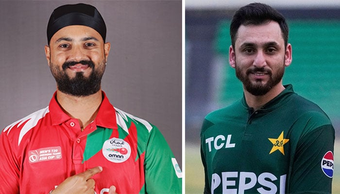 پاکستان T20 ٹیم کے کپتان سلمان علی آغا اور عمان ٹیم کے کپتان جتیندر سنگھ—فائل فوٹوز