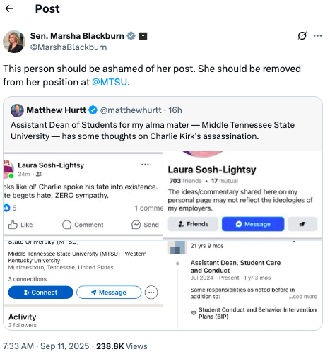MTSU assistant dean fired over insensitive comments on Charlie Kirk’s death
