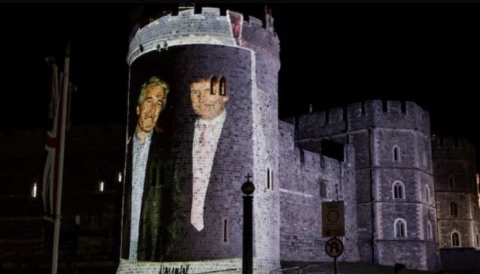President Donald Trump and Jeffrey Epstein image projected onto Windsor Castle