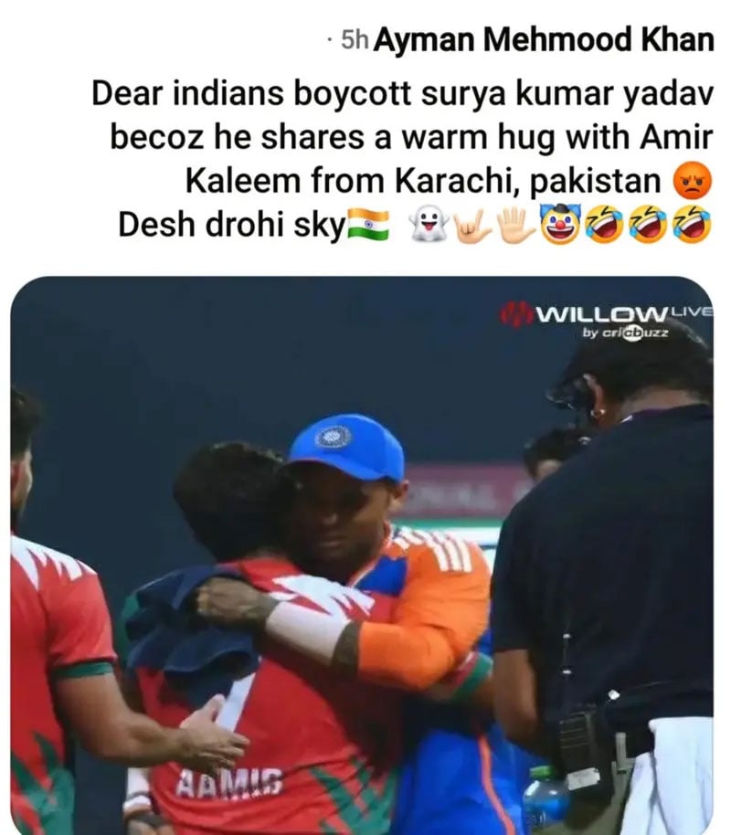 پاکستانی ٹیم سے مصافحہ نہ کرنے والے سوریا کمار یادیو نے کراچی کے کھلاڑی کو گلے لگا لیا