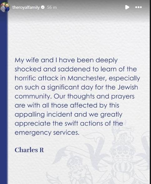 King Charles breaks silence after horror unfolds in Manchester synagogue