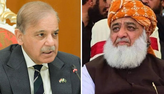 سربراہ جے یو آئی مولانا فضل الرحمٰن اور وزیرِ اعظم شہباز شریف—فائل فوٹو