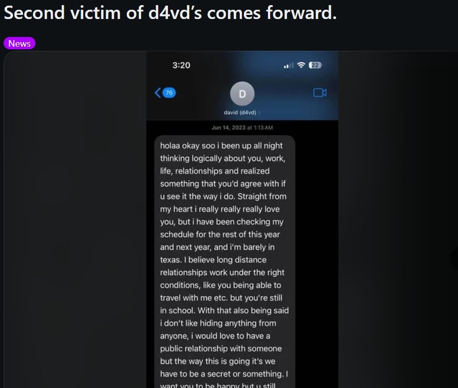 Alleged messages of D4vd to a minor in 2023
