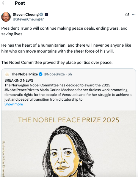 White House accuses Nobel Committee of political bias after Maria Corina win
