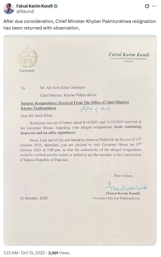 گورنر کے پی نے وزیراعلیٰ گنڈاپور کا استعفیٰ اعتراض لگا کر واپس کردیا