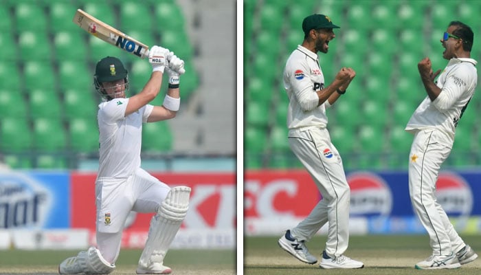 نعمان علی اور شان مسعود وکٹ لینے کے بعد خوشی کا اظہار کر رہے ہیں (دائیں)، بریسوس خوبصورت شاٹ کھیلتے ہوئے (بائیں) - کولاج فوٹو بشکریہ کرک انفو