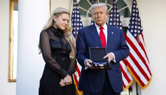 Erika Kirk accepts Presidential Medal of Freedom for late husband Charlie Kirk from Trump