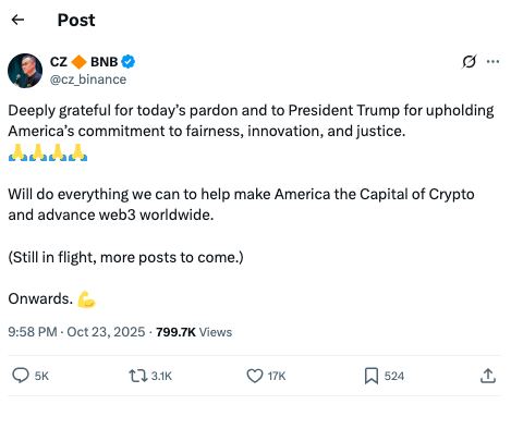 Binance co-founder Changpeng Zhao pardoned by Trump in major move