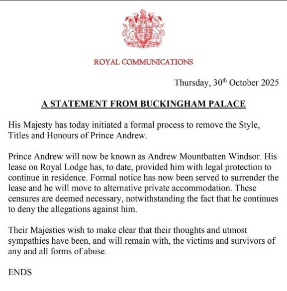 Buckingham Palace issues official notice to Andrew to surrender to Royal Lodge lease
