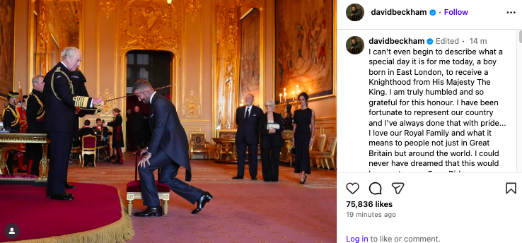 David Beckham shares emotional message after being knighted by King Charles
