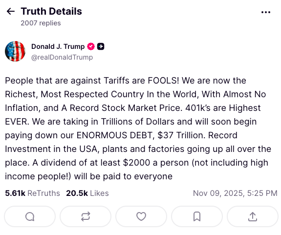 $2,000 tariff dividend check proposed by Trump for most Americans
