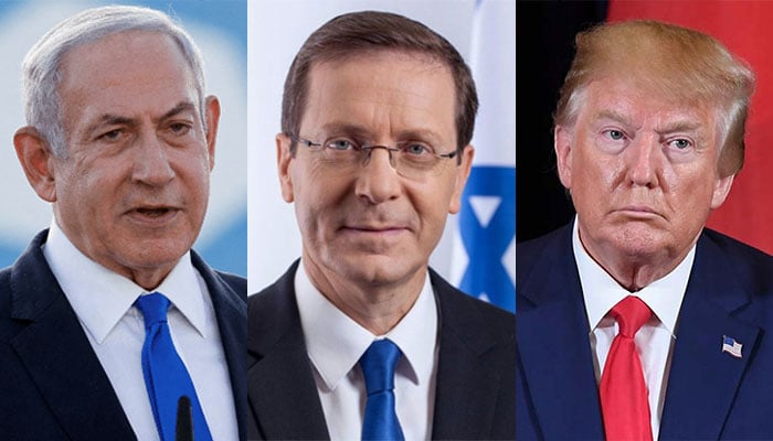 امریکی صدر ٹرمپ، اسرائیلی صدر اسحاق ہرزوگ اور اسرائیلی وزیرِ اعظم نیتن یاہو—فائل فوٹوز