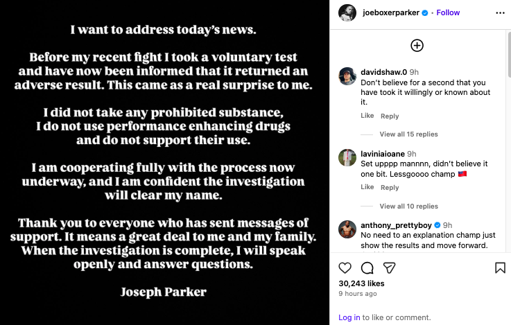 Joseph Parker breaks silence after positive cocaine test