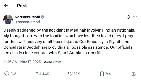 Saudi Arabia bus accident kills dozens of Indian pilgrims