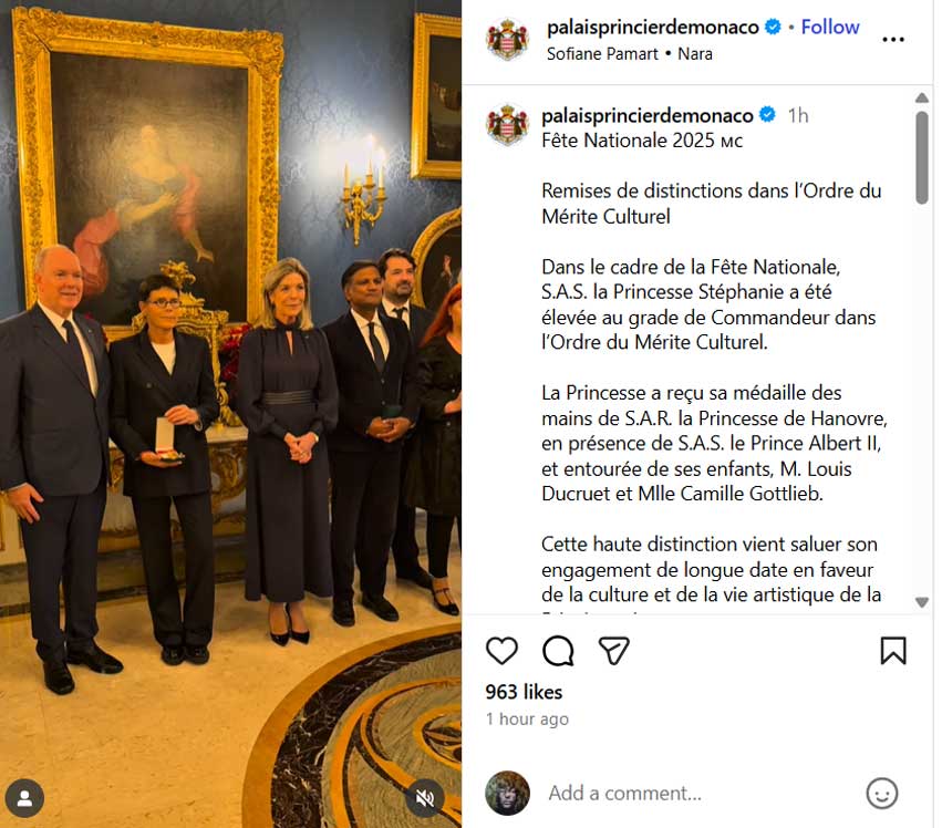 Princess Stéphanie receives huge honour on National Day 2025