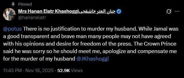 سعودی ولی عہد کا دورہ امریکا، جمال خاشقجی کی بیوہ کا معافی اور معاوضے کا مطالبہ