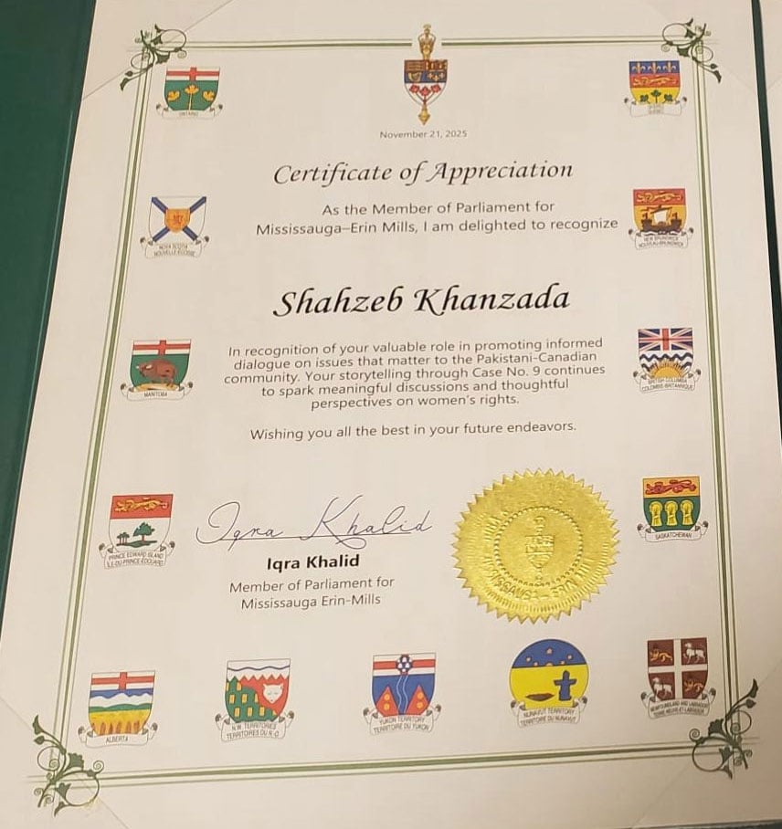 کینیڈین رکنِ پارلیمنٹ نے ’کیس نمبر 9‘ کے ذریعے خواتین کے حقوق کو اُجاگر کرنے پر شاہ زیب خانزادہ کو سراہا