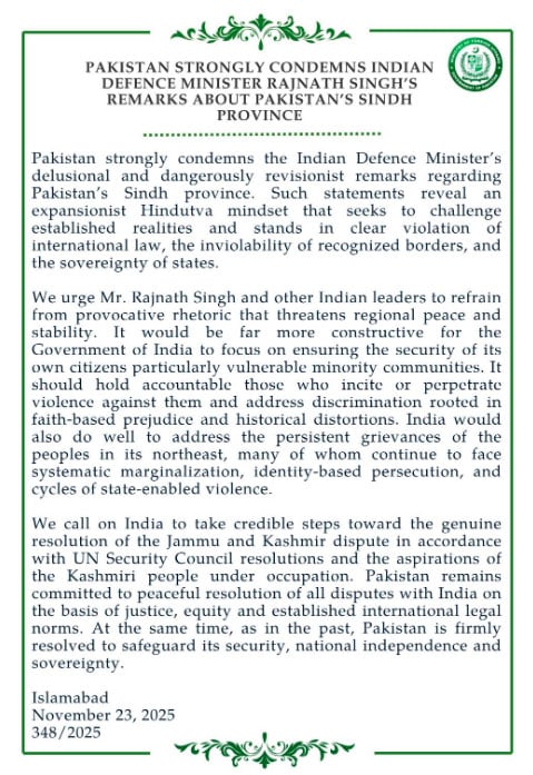 بھارتی وزیر دفاع کا سندھ سے متعلق بیان امن کیلئے خطرہ ہے، پاکستان