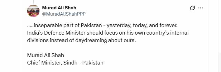 وزیراعلیٰ سندھ مراد علی شاہ کا بھارتی وزیر دفاع کے بیان پر سخت ردعمل