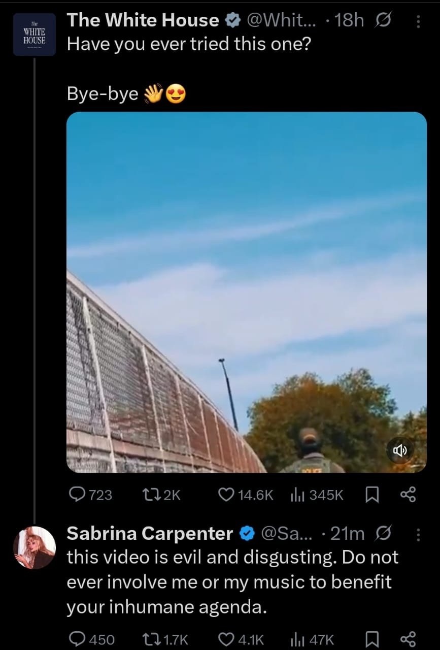 Sabrina Carpenter breaks silence on The White House using Juno for ICE videos