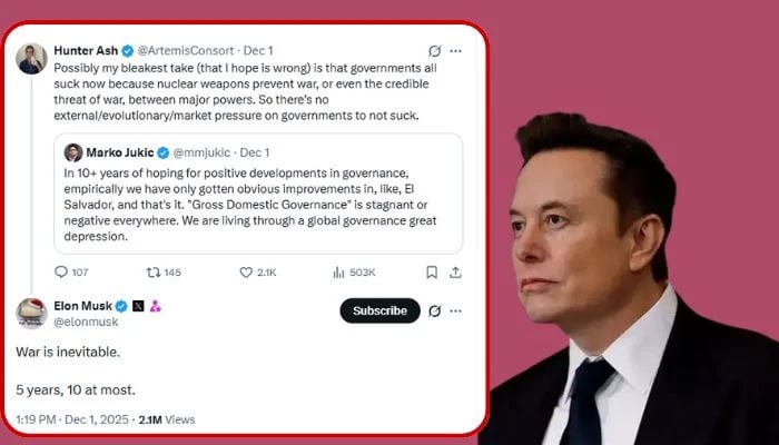 5 سے 10 سال میں جنگ ناگزیر ہے: ایلون مسک کی پیشگوئی