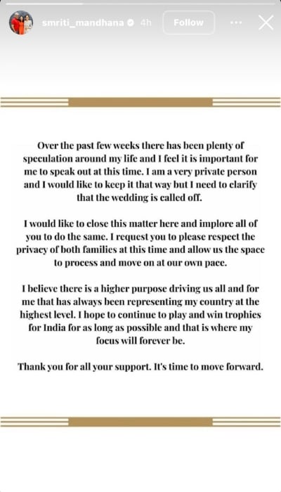 Smriti Mandhana breaks silence on wedding rumours with Palash Muchhal