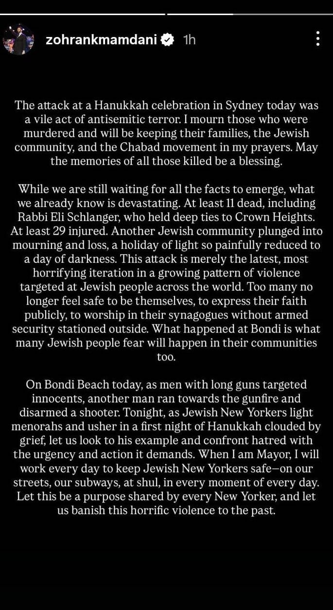 Zohran Mamdani mourns victims of Bondi Beach tragedy, calls for unity