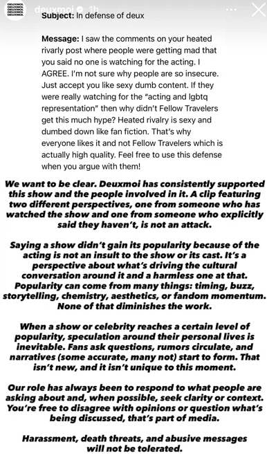 Deuxmoi issues first statement after backlash over Heated Rivalry video