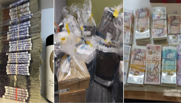 پولیس کی جانب سے ضبط کی گئی اشیا اور رقوم(فائل فوٹو)۔