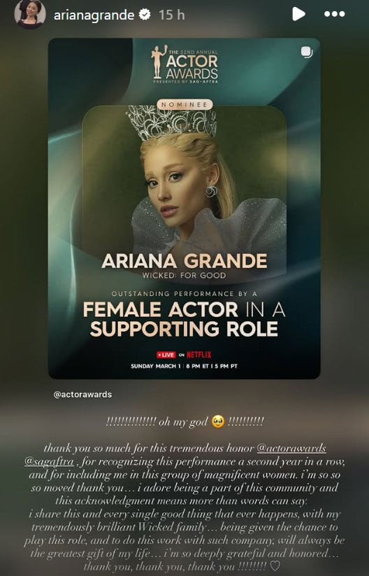 Ariana Grande pays emotional tribute to ‘Wicked’ cast after Actors Awards nod