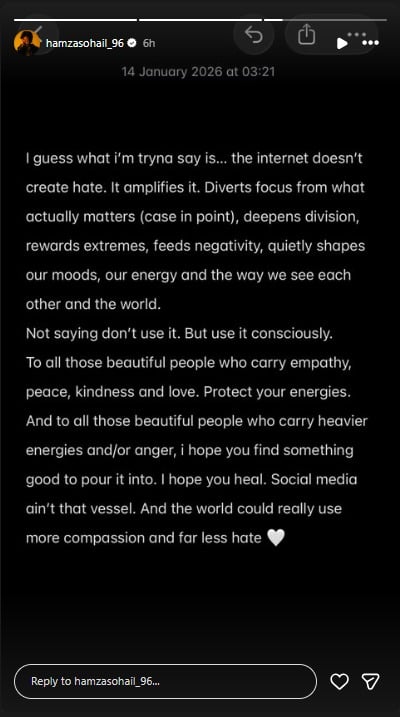 Hamza Sohail calls for online ‘compassion’ after Sajal Aly marriage buzz