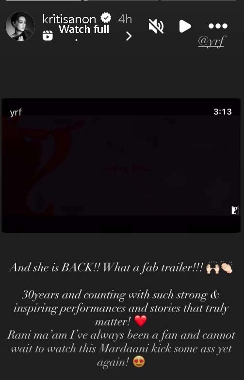 Kriti Sanon praises Rani Mukerji’s fearless comeback in Mardaani 3