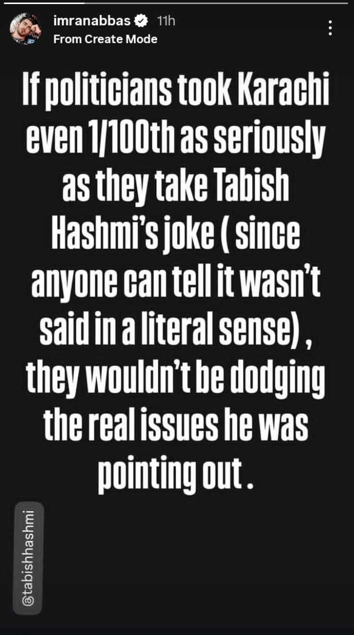 Imran Abbas backs Tabish Hashmi’s recent video about Karachi situation